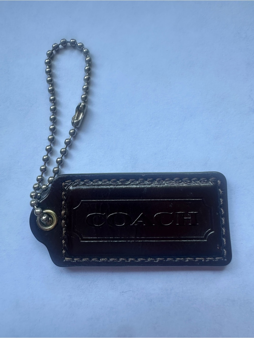 2”COACH Dark Brown Leather Key Tag with Silver Ball Chain